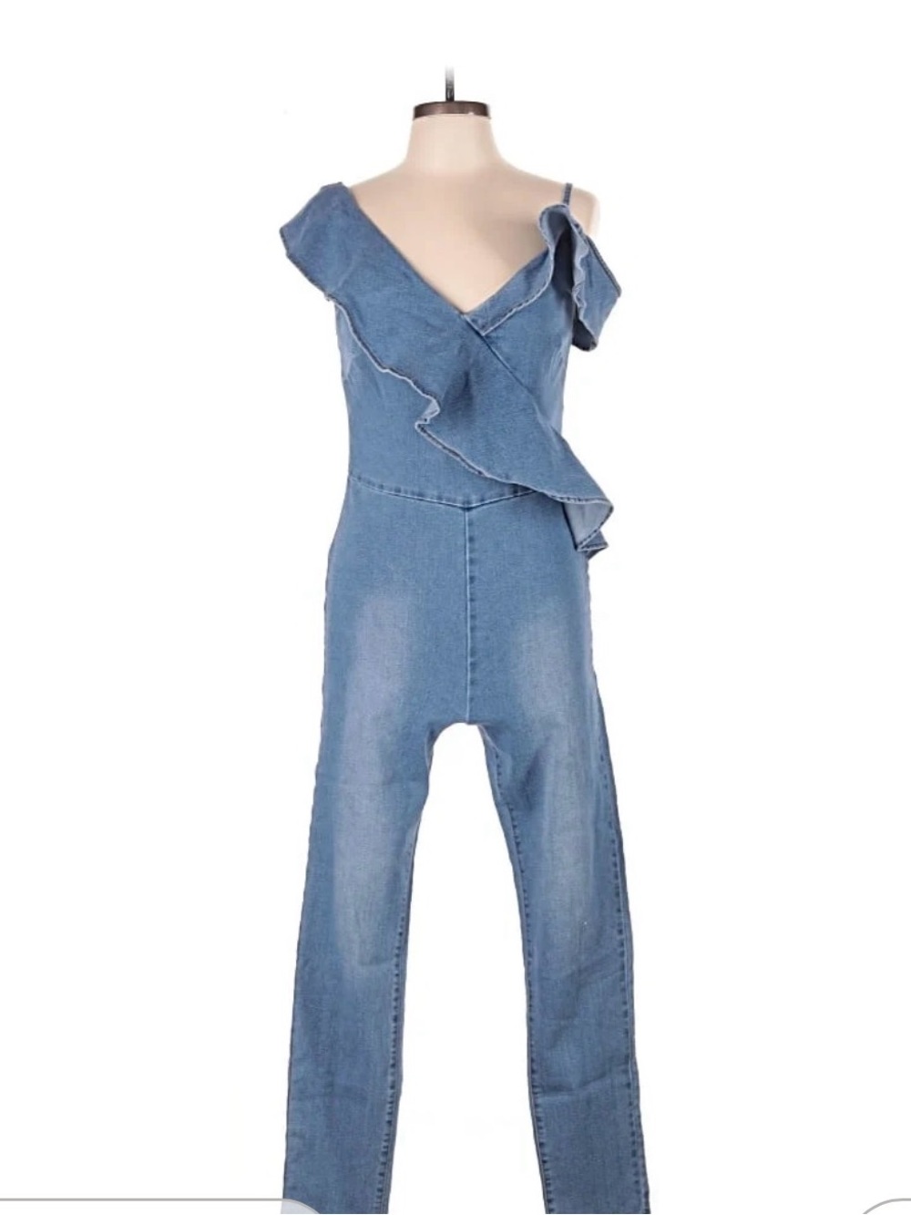 VENUS Light Blue Ruffle Denim Overalls